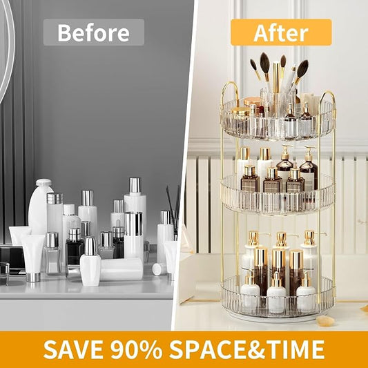 360° Rotating Makeup Organizer, Large-Capacity Skincare Make Up Storage 3 Tier Perfume Organizers Cosmetic Dresser Organizer with Makeup Brush Holder, Fits Bedroom, Bathroom, Vanity Shelf Countertop