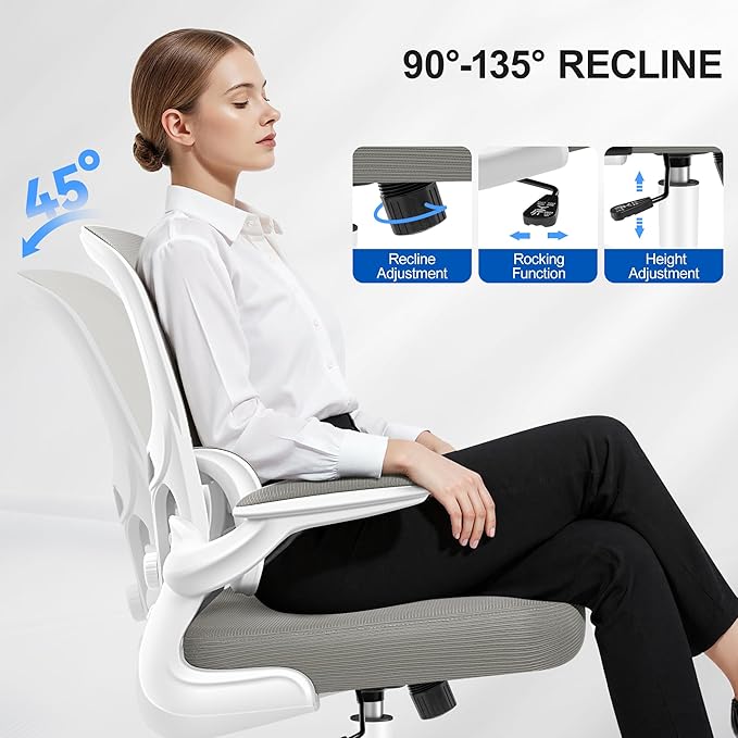 Ergonomic Office Chair, Breathable Mesh Ergonomic Desk Chair with Adjustable Lumbar Support, Flip-up Armrests, Computer Chairs Comfortable for Home, Office, Work, 300lbs, LightGray