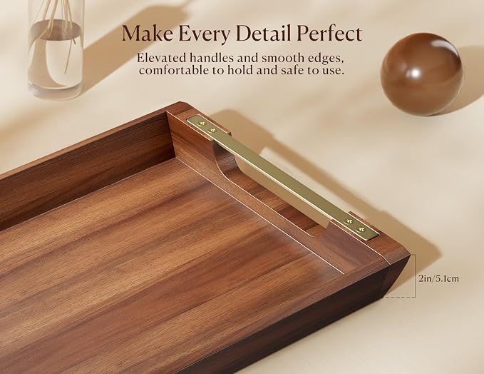 Acacia Wood Serving Tray with Metal Handles, 17x13in Large Ottoman Tray, Food Drinks Tray for Coffee Table, Breakfast, Dinner & Bar, Rustic Decorative Tray for Kitchen, Bedroom Gift Box