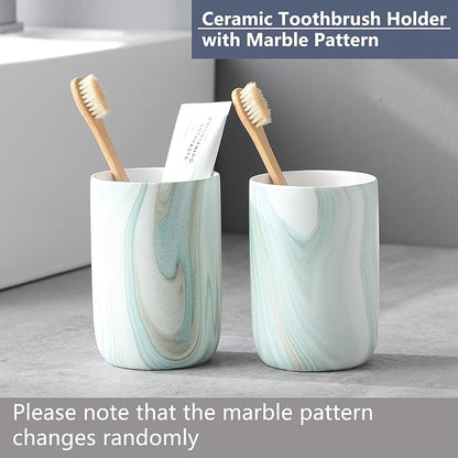 Green Marble Toothbrush Holder - Ceramic Toothbrush Holder for Bathroom, Toothbrush Toothpaste Holder, Marble Bathroom Tumbler Cups Reusable Toothbrush Mouthwash Cup, Bathroom Counter Organizer