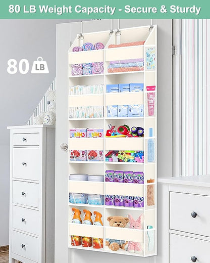 UVIAHOMI Heavy Duty Over The Door Organizer 5 Tiers, Extra Large Behind Door Storage of 10 Big Front & 10 Mesh Pockets, 80lb Weight Capacity, Hanging Doors Storage for Closet Bedroom Nursery, Beige