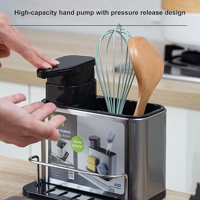 Irishom Stainless Steel Sponge Holder 3 in 1 Soap Dispenser Kitchen Sink Organizer with Drain Holes Sink Soap Pump and Holder