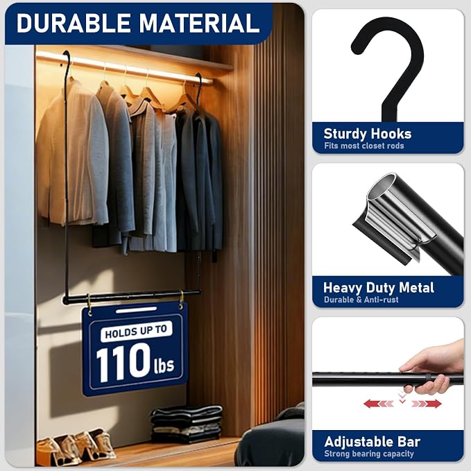 Hanging Closet Rod Extenders, Adjustable Width and Height Closet Extender Hanging Rod, Space-Saving Closet Hanging Rod, Heavy Duty Closet Bar for Hanging Clothes, 1 Pack Black