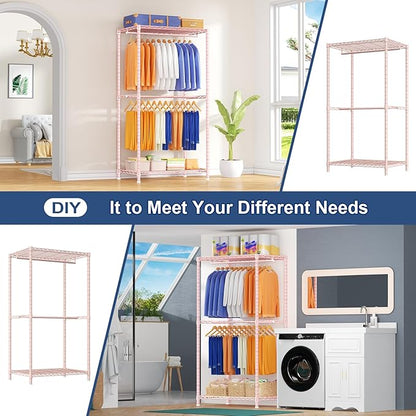 Ulif E12 Clothes Rack，Heavy Duty Freestanding Garment Rack with Shelves，Metal Clothing Closet Storage System for Hanging Clothes，71" W x 16" D x 76.5" H, Hold 960 lbs，Pink