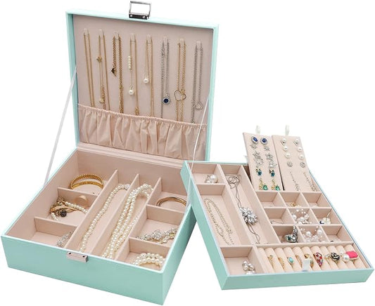 ProCase Jewelry Box for Women, 2 Layers Large Leather Jewelry Organizer Storage Case with Removable Pad for Earrings -Mint
