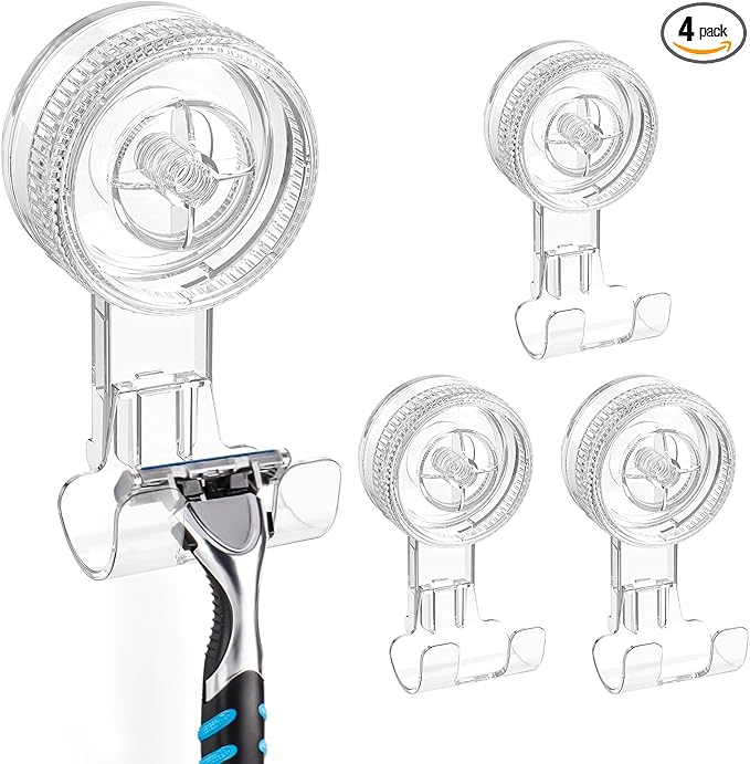 LUXEAR Suction Hooks, 4 Pack Razor Hooks Removable & Reusable Suction Shower Hook Waterproof Damage-Free Suction Hanger for Towel Bathrobe Loofah Bathroom Kitchen Waterproof Weather Hanger Hook