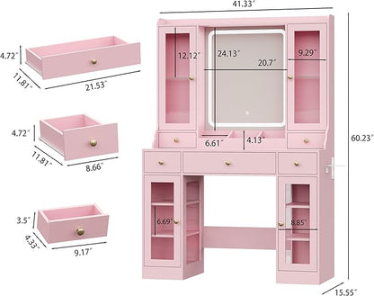 Pink Vanity Desk with Mirror and Lights, Makeup Vanity Table with Lighted Mirror, 5 Drawers & RGB Cabinet, Dressing Table Set with Charging Station for Girls Bedroom, 3 Lighting Modes