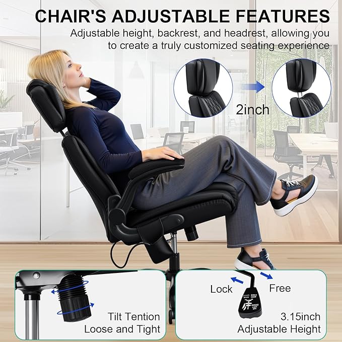 VANSPACE Executive Office Chair with Adjustable Lumbar Support and Headrest 440lbs Ergonomic Computer Chair Comfy High Back Swivel Rolling Office Chair with Flip-up Arms for Heavy People(Black)