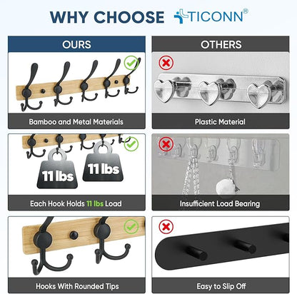 TICONN Wall Mounted Coat Rack, Five Heavy Duty Tri Hooks All Metal Construction for Jacket Coat Hat in Mudroom Entryway (Wood Black, 1-Pack)