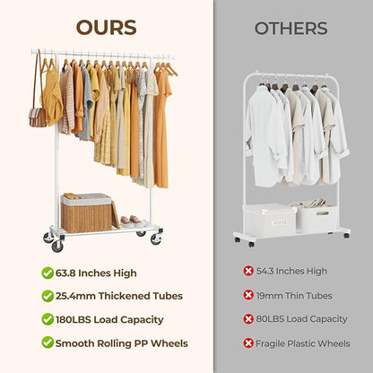 Clothes Rack, Clothing Rack for Hanging Clothes, Rolling Garment Rack Sturdy Coat Rack Portable Wardrobe Rack Metal Closet Rack for Bedroom Laundry Living Room, White