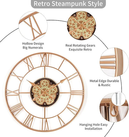 29 Inch Large Wall Clocks for Living Room Decor with Moving Gears,Large Wall Clock Industrial Steampunk,Oversized Metal Analog Wall Clocks for Farmhouse Home Battery Operated