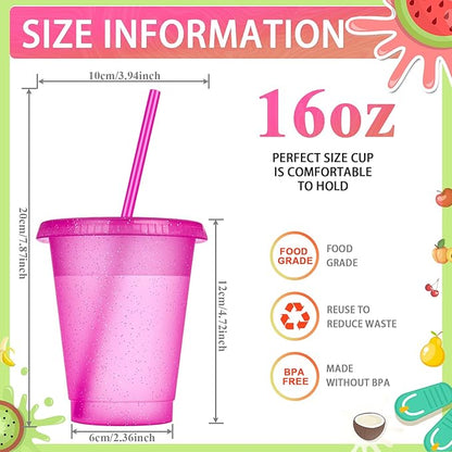 Sieral Cups with Straws and Lids Kids Tumbler with Straw Reusable Water Bottle Iced Coffee Travel Mug Adults Plastic Cups for Parties 16 oz(Bright Colors,15 Pack)