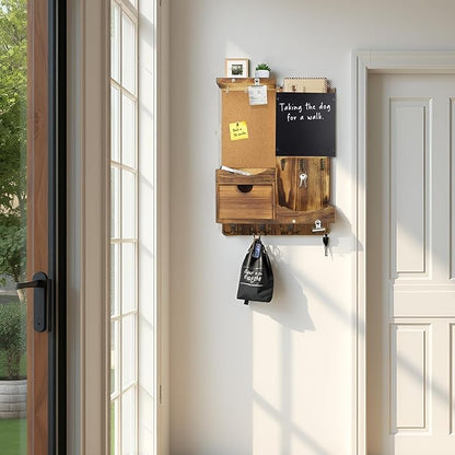 Key Holder Wall Mount， Mail Organizer Key Holder for Wall with Shelf, Drawer, Chalkboard, Corkboard, Home Decor Wall Mounted for Room Entryway(Natural Wood)