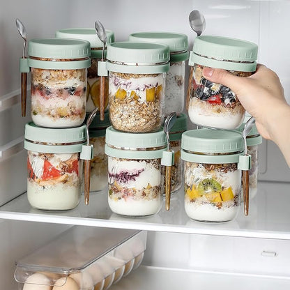 LANDNEOO 4 Pack Overnight Oats Containers with Lids and Spoons, 16 oz Glass Mason Jars with Airtight Lids, Overnight Oats Jars for Milk, Cereal, Fruit-Green