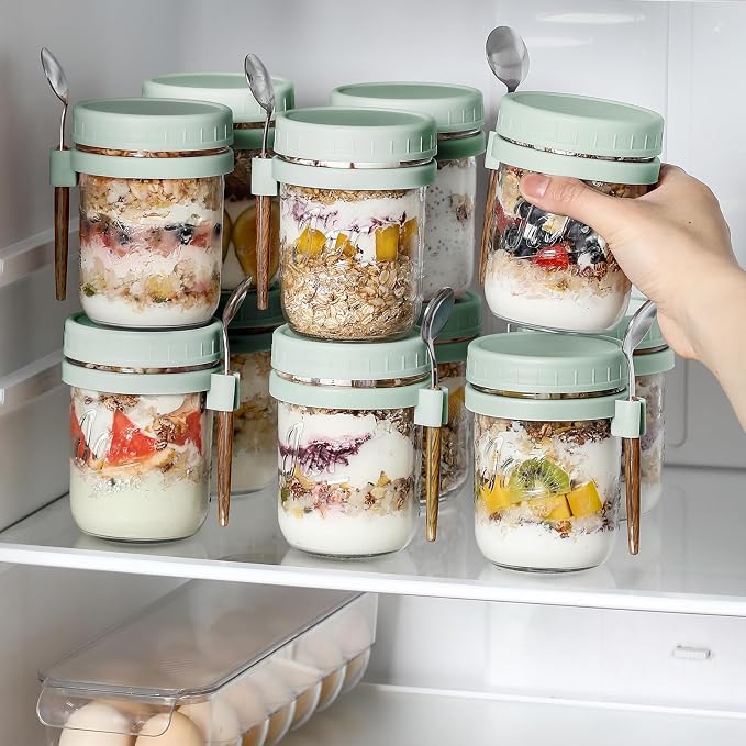 6 Pack Overnight Oats Containers with Lids and Spoons, 16 oz Glass Mason Overnight Oats Jars, Large Capacity Airtight Jars for Milk, Cereal, Fruit(Green)