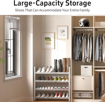 4 Tier Metal Shoe Organizer, Stackable Shoe Stand for Closet, with Adjustable Flat, Holds up to 20 Pairs, Sturdy Shoe Rack for Entryway Bedroom, White