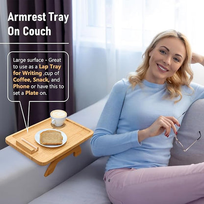 SINWANT Couch Arm Tray,Bamboo Sofa Clip on Side Table,Foldable Couch Armrest Table with 360°Rotating Phone Holder,Anti Slip Food Trays for Eating/Drinks/Snacks/Remotes 15.35" x 9.85"