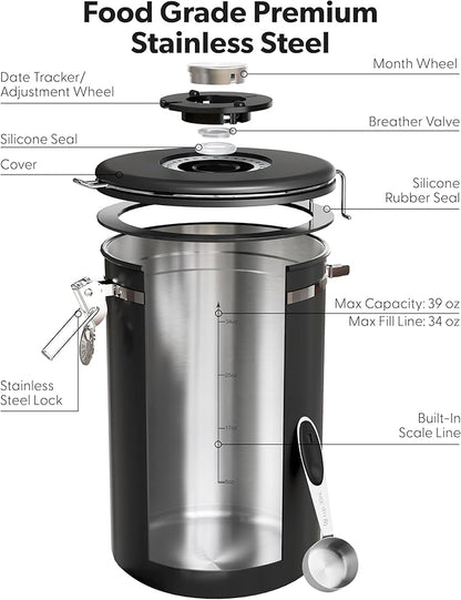Veken Large Coffee Canister with Window, Kitchen Food Storage Airtight Stainless Steel Container for 2.2lbs Coffee Beans, Grounds, Rice,Tea, Flour, Cereal, Sugar Jars,Date Tracker and Scoop 39oz,Black