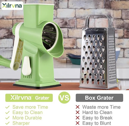 Rotary Cheese Grater Hand Crank Transparent - Shredder Slicer Grinder 3 Stainless Steel Blades, Stable Suction, Labor-Saving Handle, Safe Kitchen Tool for Cheese, Vegetable, Nuts, Chocolate