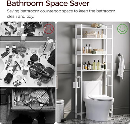 MAHANCRIS Over The Toilet Storage Rack, 4 Tier Bathroom Organizer Over Toilet, Freestanding Space Saver Toilet Stand with 2 Hooks, Bathroom Storage Shelf, Easy to Assemble, White TSBW0401