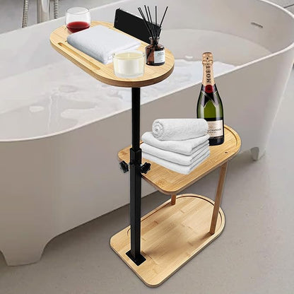 3 Layer Bath Tub Tray Table Liftable Freestanding Bamboo Bath Tray Caddy for Tub Against Wall Shelf Bathroom Organizer Shelf for Luxury Spa (Oval)