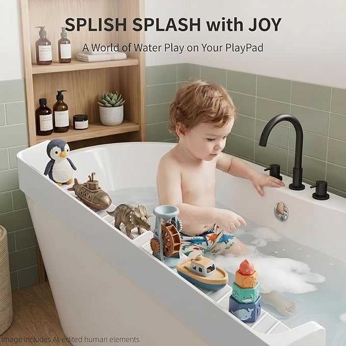 Bathtub Splash Guard for Tub Kids, Silicone Bath Toy Holder & Tub Side Tray with Suction Cups, Bath Tub Shelf for Kids, Bathtub Toy Storage, White