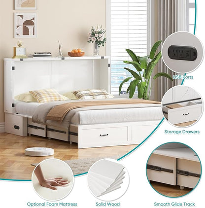 BALUS Murphy Bed Queen with USB Charging Station, Murphy Cabinet with 2 Storage Drawers, Hideaway Foldable Wall Cabinet Bed Chest for Living Room Bedroom Home Office (No Mattress, White)
