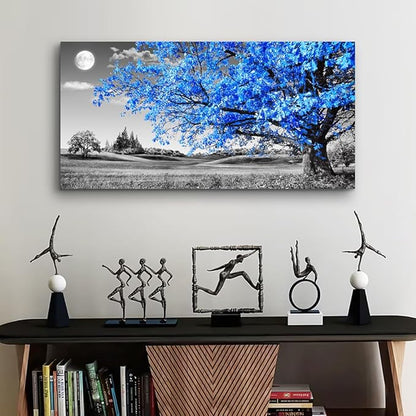 wall art for living room Simple Life Blue moon tree landscape Abstract painting office Wall Decor 24" x 48" single Pieces Canvas Prints Ready to Hang for Home Decoration Black and white Works of art