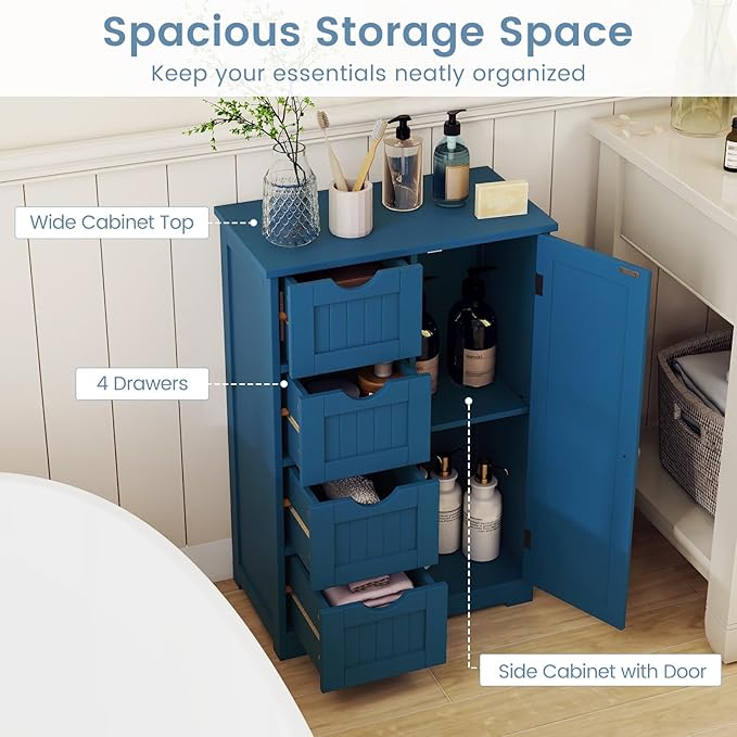 Tangkula Bathroom Floor Cabinet, Freestanding Storage Cabinet with 4 Drawers & Single Door, Adjustable Shelf, Multipurpose Bathroom Storage for Home Office, 21.5 x 12 x 32.5 Inches (Blue)