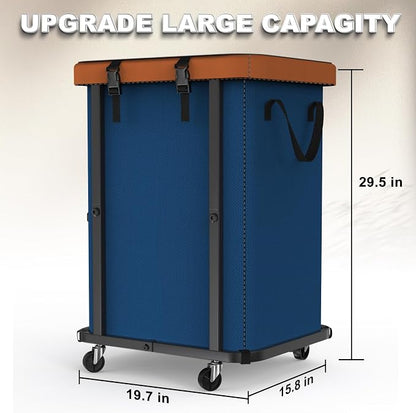 150L (40 Gal) Fashion Laundry Basket with Wheels, Leather Patchwork Rolling Hamper Carts, Sturdy Metal Frame, Removable Washable Bag, Tall Clothes Sorter for Bedroom, Laundry Room - Navy Blue