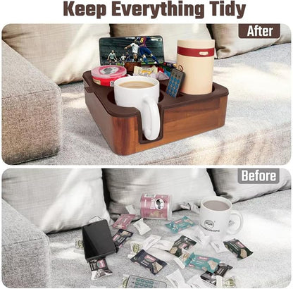 Couch Cup Holder Tray, Real Acacia Wooden Caddy with Soft Silicone, Snack and Drink Organizer- Perfect Movie Night Accessories for Bed, Remote and Cup Holders for Sofa (Coffee)