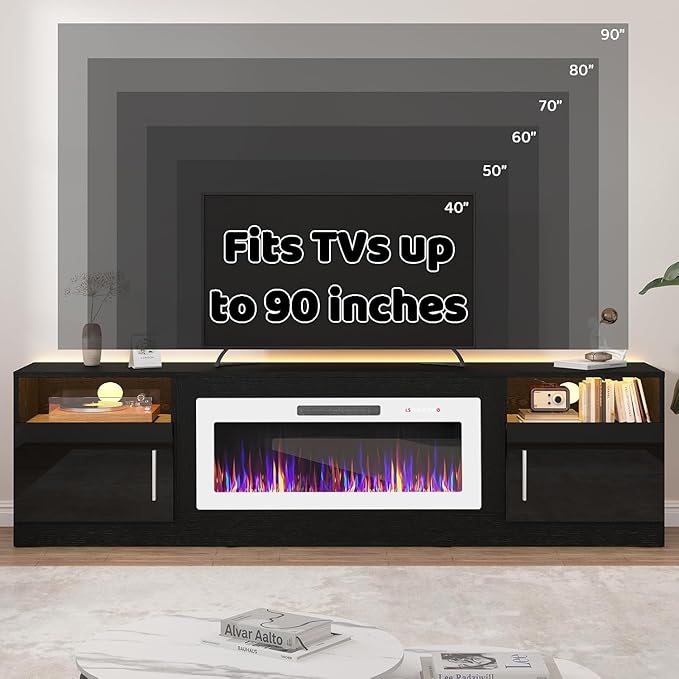 LEMBERI 80 Inch Fireplace TV Stand for TVs up to 90", 36" White Electric Fireplace Entertainment Center with 20-Color LED, 300lbs Max Capacity Modern Wood Media Console Cabinet, Black