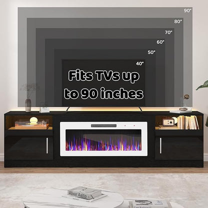 LEMBERI 80 Inch Fireplace TV Stand for TVs up to 90", 36" White Electric Fireplace Entertainment Center with 20-Color LED, 300lbs Max Capacity Modern Wood Media Console Cabinet, Black