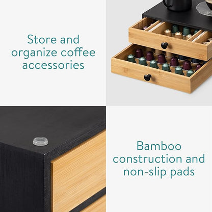 Navaris Bamboo Coffee Pod Drawer Organizer - Capsule Storage Holder Compatible with OriginalLine Capsules or Pods - 2 Drawers with Adjustable Dividers