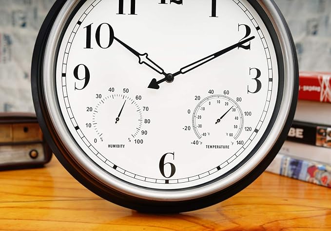 Rsobl 16 Inch Large Indoor Outdoor Wall Clock,Waterproof Non-Ticking Clock with Thermometer and Hygrometer Combo,Battery Operated Clock Wall Decorative- Silver