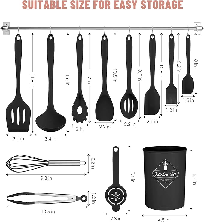 Pranski Kitchen Utensils Set-12 Pieces Silicone Cooking Utensils Set Dishwasher Safe 392°F Heat Resistant Spatula Set Nonstick Cookware