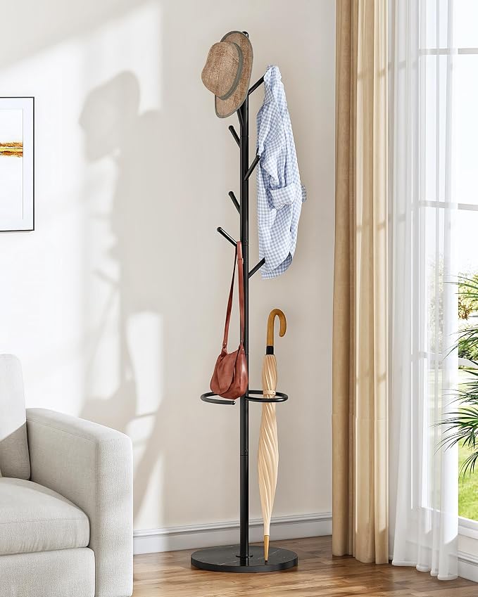 CHOEZON Coat Rack Freestanding, Coat Rack with Umbrella Holder, Coat Hanger Stand with 8 Hooks, Coat Tree with Marble Base, 3 Adjustable Size, for Entryway, Living Room, Bedroom Marble Black TYM09BD