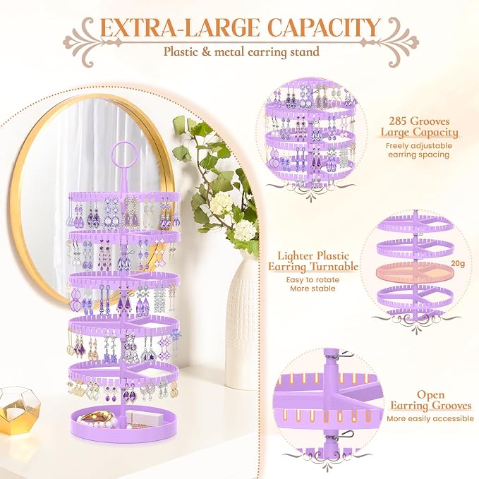 iDavosic.ly 5 Tier Rotating Earring Holder Organizer with Metal Tray, Adjustable Plastic Dangle Display Stands Tree with 285 Grooves, Large Hoop Storage Rack Tower, Purple