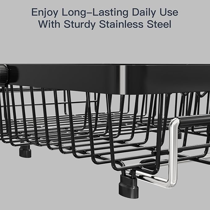 MAJALiS Dish Drying Rack Over The Sink with Utensil Holder, Mat | Expandable Stainless Steel Dish Drainer for Small Kitchen, Apartment, RV, Counter Space Saving, Perfect Fit, Rustproof