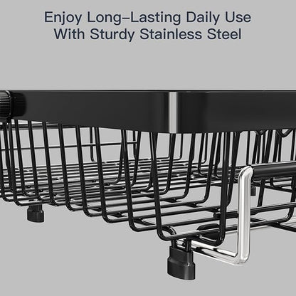 MAJALiS Dish Drying Rack Over The Sink with Utensil Holder, Mat | Expandable Stainless Steel Dish Drainer for Small Kitchen, Apartment, RV, Counter Space Saving, Perfect Fit, Rustproof