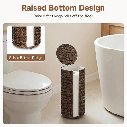 StorageWorks Free Standing Wicker Toilet Paper Holder Stand for Bathroom Storage, Decorative Water Hyacinth Toilet Paper Storage with Lid, 3 Rolls of Tissue Holder with a Built-in Cloth Lining, Brown