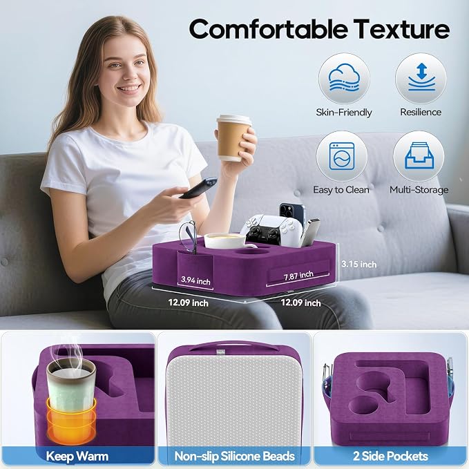 Couch Cup Holder Pillow, Sofa and Bed Caddy for iPad, Kindle, Switch, Game Controller, Remotes, Phones, Small-Sized Cup & Drink Holder for Couch, Bed, Desk, Car, Beach, Bathroom Cup Holder Purple