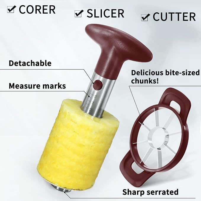 Newness Pineapple Corer and Slicer Tool, Robust Pineapple Core Remover with Upgraded Cutter & Reinforced Thicker Blade, Stainless Steel Kitchen Fruit Gadget for Diced Pineapple Rings (Red)