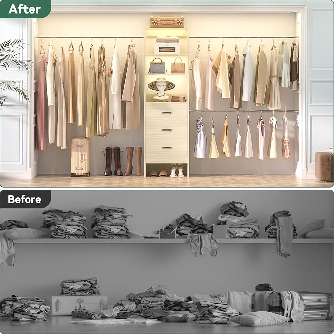 Besiost 96'' Closet Organizer System with 3 Hanging Rods, 8FT Closet Organizers and Storage with 3 Wooden Drawers, Built in Closet Organizer Systems, Adjustable Walk-in Wardrobe from 2-8FT, Light Oak