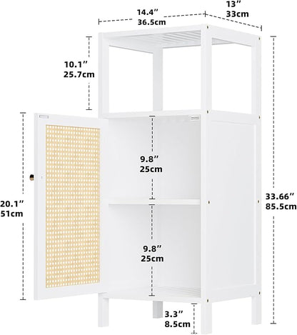 Bamboo Floor Rattan Cabinet, Narrow Bathroom Storage Organizer Rack, Space Saving Wood Kitchen Cupboard, Hallway Side Table, Living Room Stand with Single Door and 1 Shelf (White)