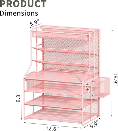 7 Tier Desk File Organizer,Metal Document Holder with Adjustable Shelves, Pull-Out Drawer & Removable Pen Holder for Office Organization,Pink