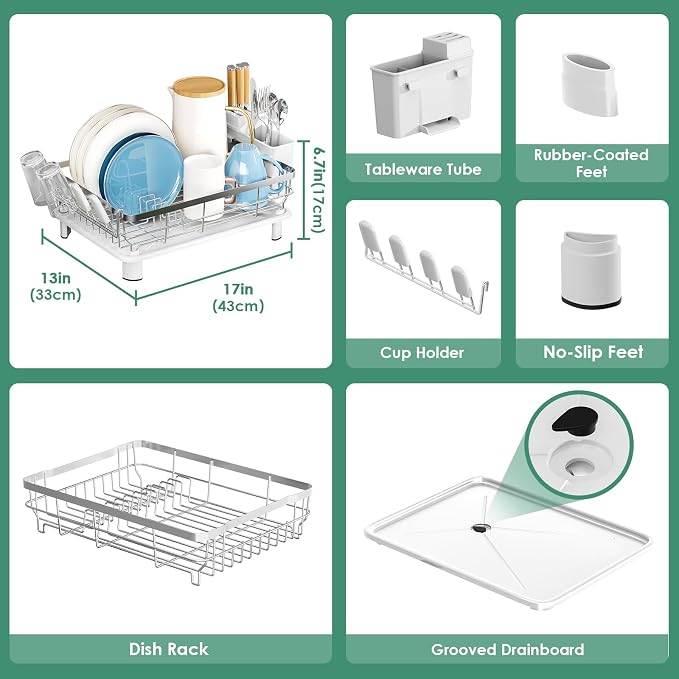 MOUKABAL Dish Drying Rack, Dish Rack, Stainless Steel Dish Racks for Kitchen Counter, Dish Drainer with Removable Utensil Holder, Drainboard (White,Stainless Steel,13''W x 17''L)