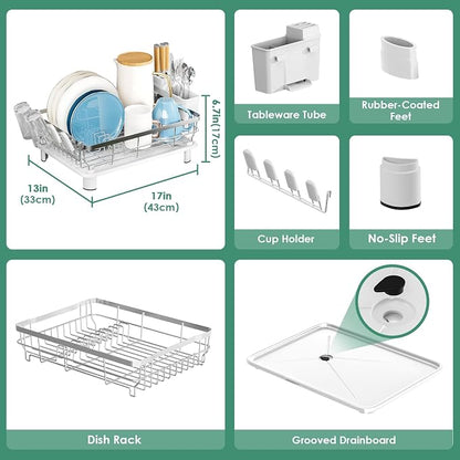 MOUKABAL Dish Drying Rack, Dish Rack, Stainless Steel Dish Racks for Kitchen Counter, Dish Drainer with Removable Utensil Holder, Drainboard (White,Stainless Steel,13''W x 17''L)