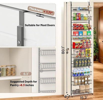 ElegantArray 10-Tier Pantry Door Oragnizer, Over The Door Pantry Organizer Rack and Storage, Hanging Spice Rack Shelves Door, Home Office Laundry Room Bathroom & Kitchen Organization, Light Gray