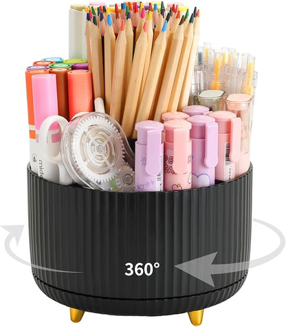 Camelmother Pen Holder For Desk With 5 Slots 360°Rotating Pencil Holder Makeup Organiezr Teacher Supplies Office decor (black)
